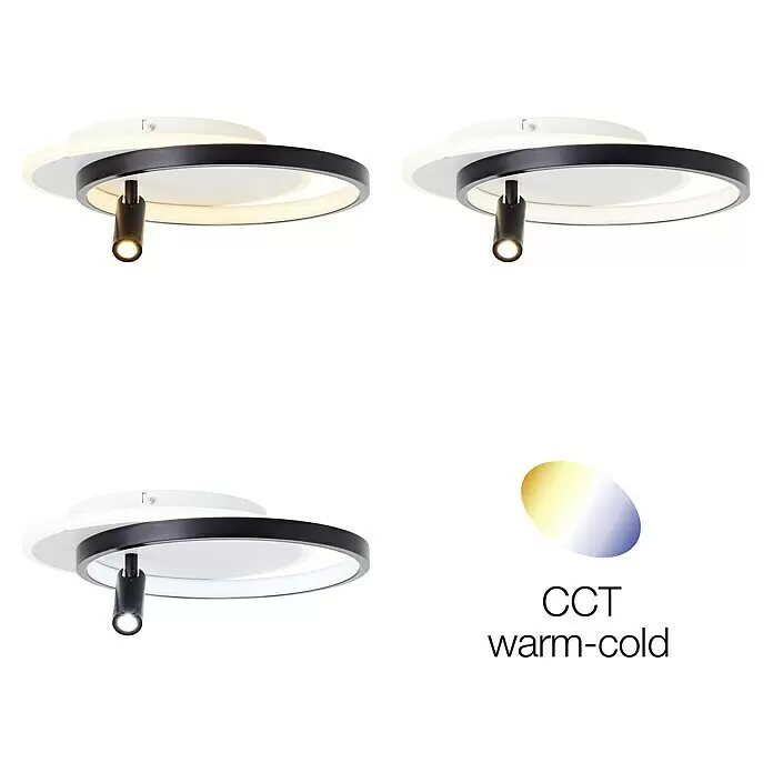 Brilliant LED-Deckenleuchte Eunomia - 24 W, L x B x H: 35 x 29,5 x 14 cm, Weiß, Warmweiß - Schwarz-weiße LED-Deckenleuchte mit zwei Ringen und verstellbarem Spot, die warme und kalte Lichteinstellungen zeigt.