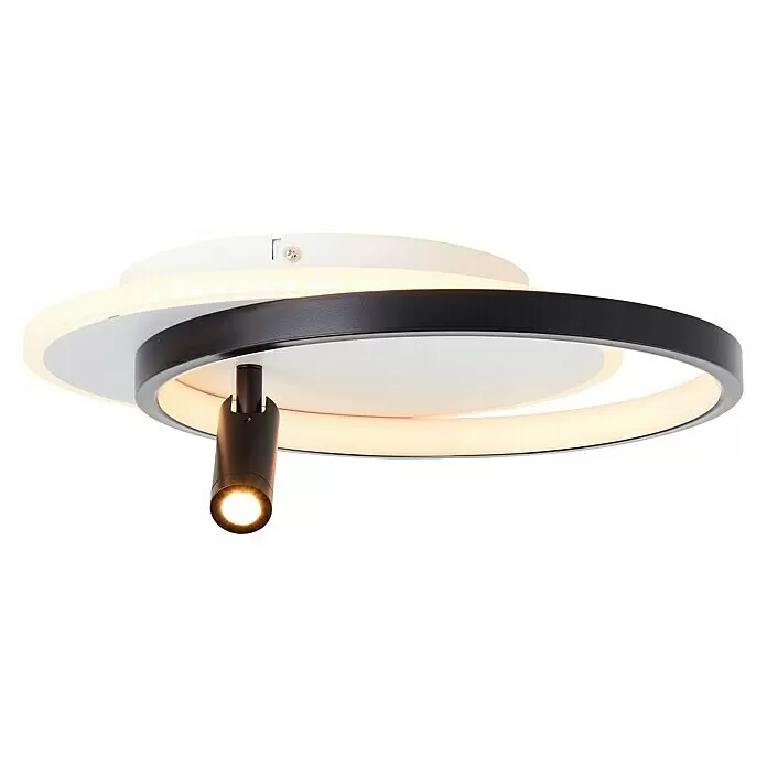 Brilliant LED-Deckenleuchte Eunomia - 24 W, L x B x H: 35 x 29,5 x 14 cm, Weiß, Warmweiß - Moderne Deckenleuchte mit überlappenden weißen und schwarzen Ringen, integriertem Licht und verstellbarem schwarzem Strahler.