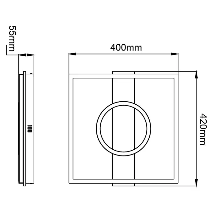 Brilliant LED-Deckenleuchte Maureen - 24 W, L x B x H: 40 x 42 x 5,5 cm, Schwarz/Holz, Warmweiß - Produktansicht: Die quadratische Leuchte mit runder Aussparung hat die Maße 420 x 400 mm und eine Tiefe von 55 mm.