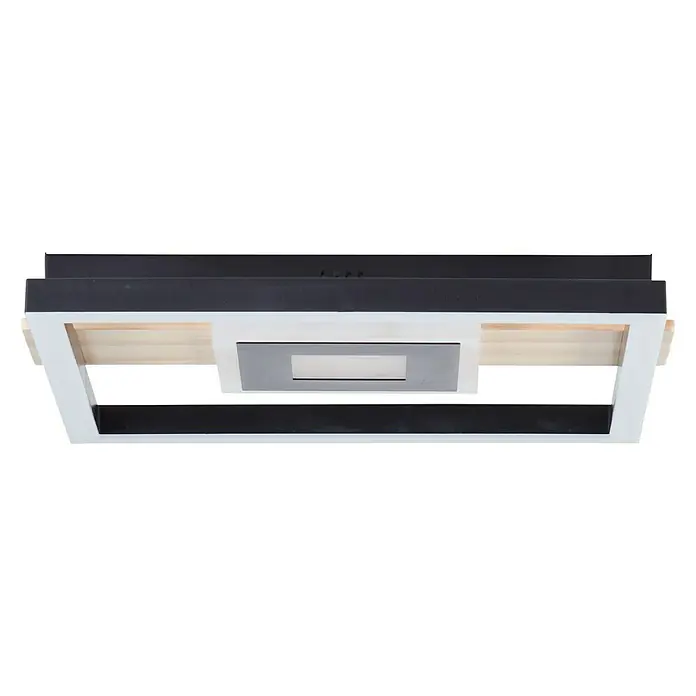 Brilliant LED-Deckenleuchte Baldo - 24 W, L x B x H: 27,5 x 29,5 x 5,5 cm, Schwarz, Warmweiß - Nahaufnahme einer quadratischen Deckenleuchte mit einem schwarzen und weißen Rahmen. Das Licht ist hell und erzeugt eine warme Atmosphäre.