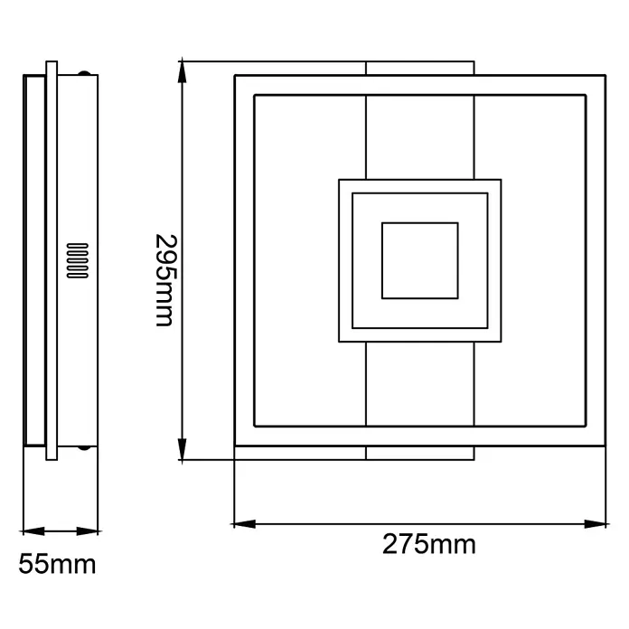 Brilliant LED-Deckenleuchte Baldo - 24 W, L x B x H: 27,5 x 29,5 x 5,5 cm, Schwarz, Warmweiß - Technische Zeichnung einer quadratischen Deckenleuchte mit den Maßen 275 x 295 x 55 mm.