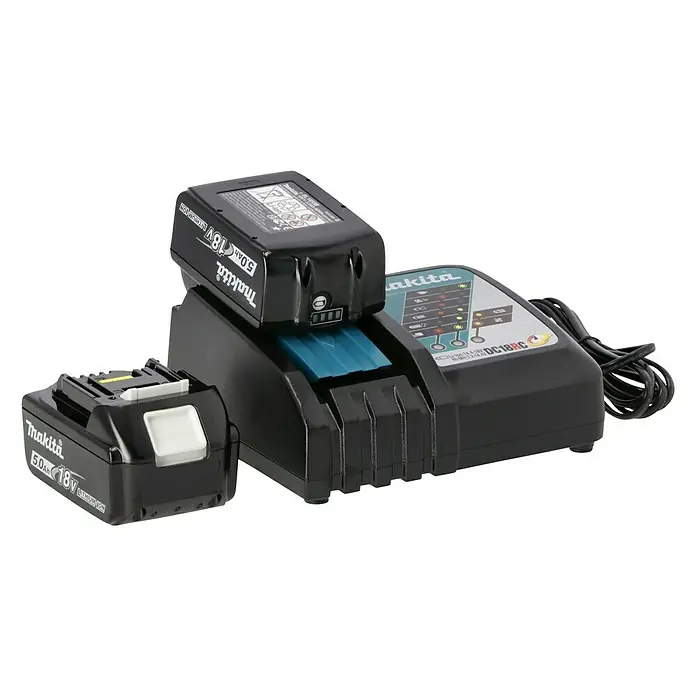 Makita LXT 18V Akku & Ladegerät Power Source Kit - 18 V, 2 Akkus, 5 Ah - Makita Ladegerät DC18RC mit zwei 18V 5.0Ah Akkus, ideal zum schnellen und effizienten Aufladen von Akkus für Werkzeuge.