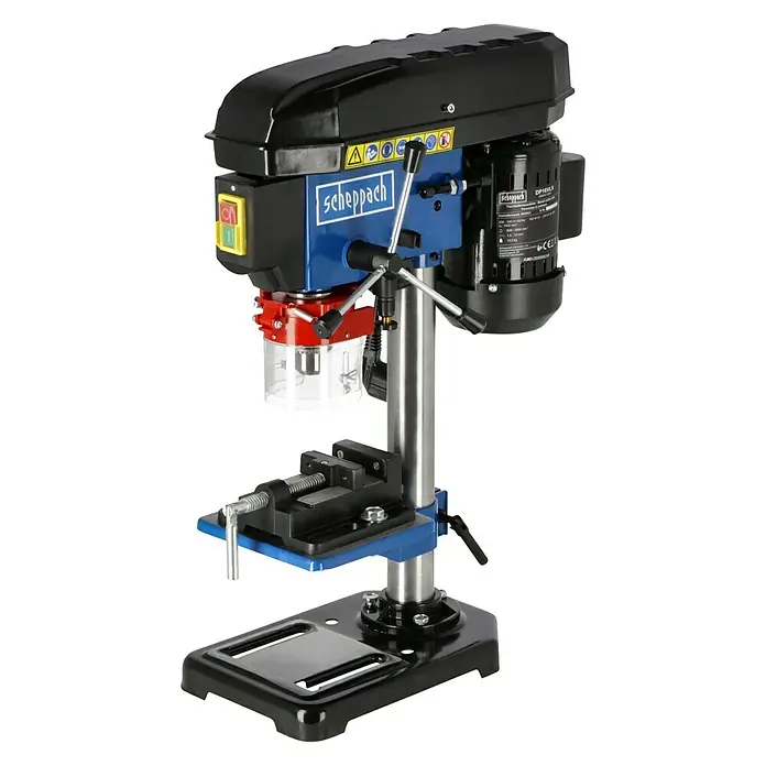 Scheppach Tischbohrmaschine DP16VLS - 500 W, 600 U/min - 2.600 U/min, Spannweite Bohrfutter: 3 mm - 13 mm - Nahaufnahme einer Scheppach Tischbohrmaschine, ideal für präzise Bohrarbeiten in Werkstätten. Robuste Konstruktion für zuverlässige Leistung.