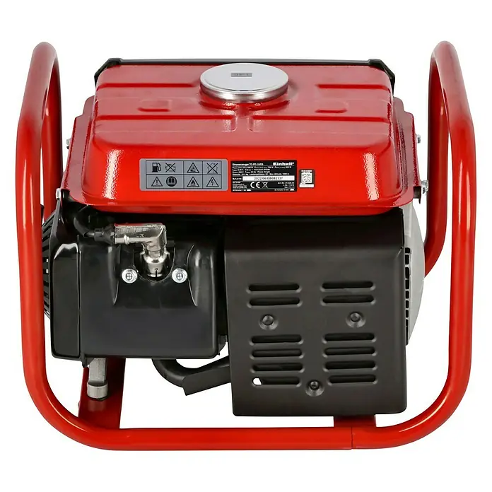 Einhell Stromerzeuger TC-PG 10/E5 - Nennleistung: 680 W, Tankvolumen: 4 l - Abbildung eines roten Stromerzeugers mit schwarzem Motor und robustem Rahmen, ideal für Baustellen oder den Einsatz im Freien.