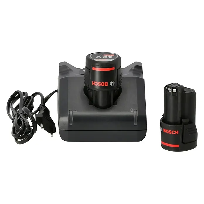 Bosch Professional Akku & Ladegerät Starter-Set GAL 12V-4 & 2 x GBA 12V/2 Ah - 12 V, 2 Akkus, 2 Ah - Abbildung eines Bosch Akku-Ladegeräts mit einem 12V Akku und einem Netzkabel.