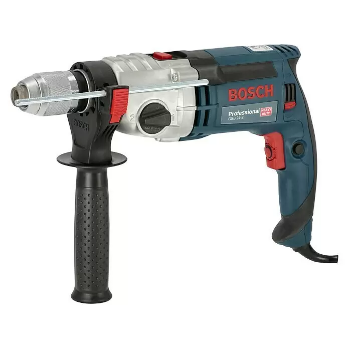 Bosch Professional Taladro percutor GSB 24-2 - 1.100 W, Portabrocas de sujeción rápida - Taladro percutor profesional Bosch GSB 24-2 azul y plateado con empuñadura auxiliar negra y varilla de profundidad.