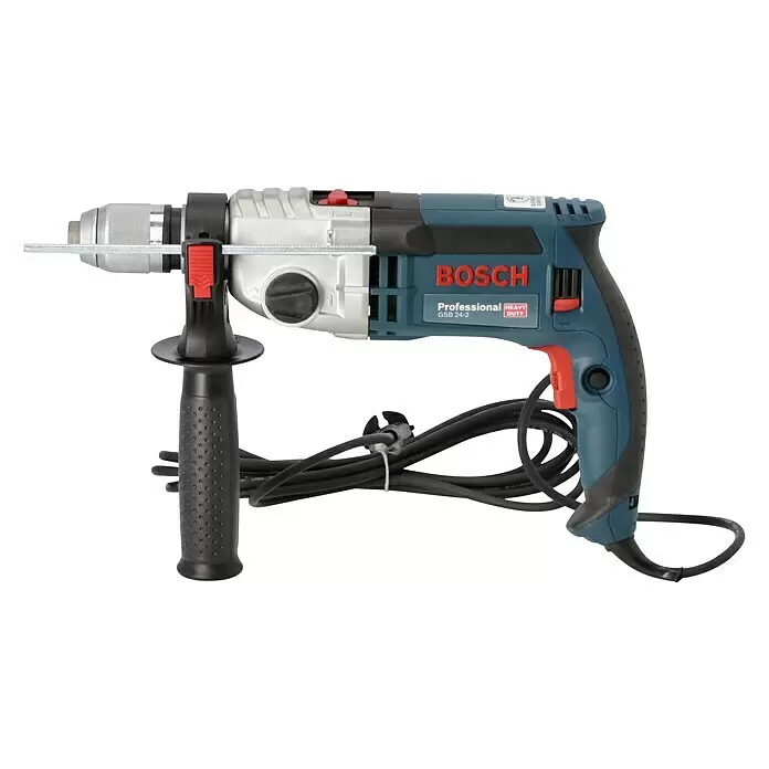 Bosch Professional Taladro percutor GSB 24-2 - 1.100 W, Portabrocas de sujeción rápida - Un taladro percutor Bosch GSB 24-2 Professional Heavy Duty azul y negro con portabrocas plateado, detalles rojos, varilla de profundidad y empuñadura auxiliar.