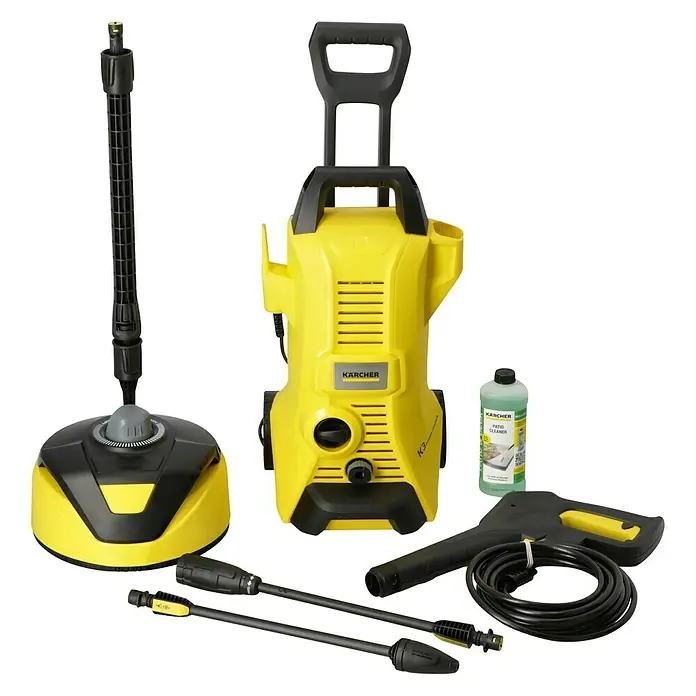 Kärcher Hochdruckreiniger K 3 Power Control Home T5 - 1.600 W, Max. Druck: 120 bar, Fördermenge: 380 l/h - Ein gelber Kärcher Hochdruckreiniger mit Zubehör wie Sprühpistole, Verlängerungsrohre, Flächenreiniger und Reinigungsmittel.