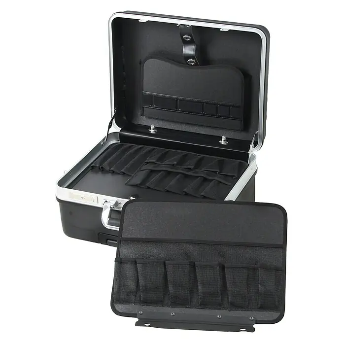 Werkzeugkoffer Basic 5970 - L x B x H: 430 x 510 x 240 mm - Offener schwarzer Friseurkoffer mit silbernen Akzenten und mehreren Fächern zur Aufbewahrung von Friseurzubehör.