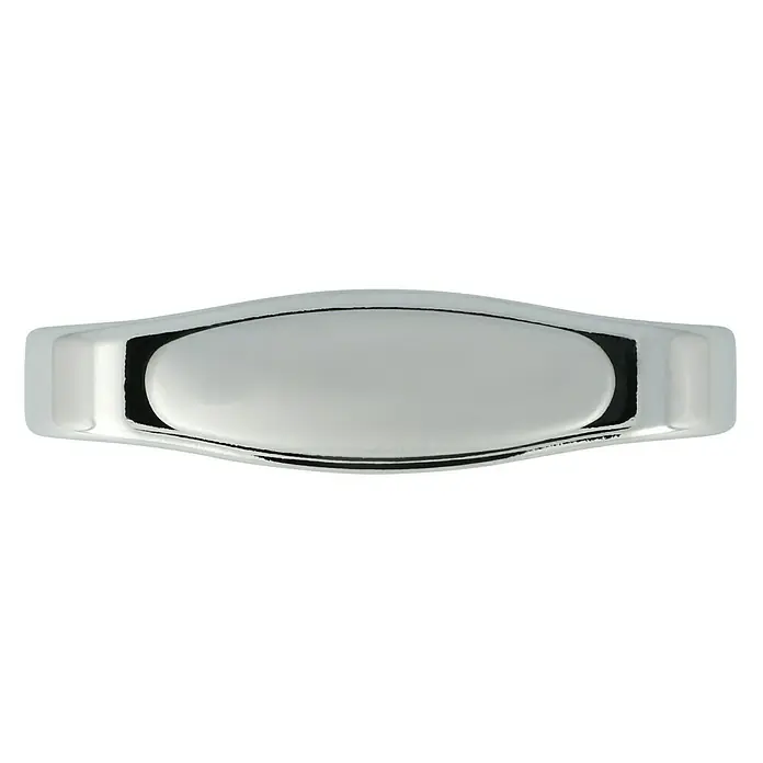 Häfele Tirador para muebles - Tipo de tirador del mueble: Estribo, Aluminio, Cromado, Ø x L: 71 x 22 mm - Primer plano de un tirador de mueble plateado. El tirador tiene forma ovalada y está montado en un armario o cajón.
