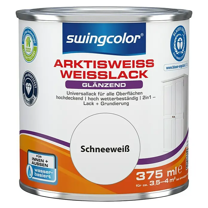 swingcolor Weißlack Arktisweiß - Schneeweiß, Glänzend, 375 ml, Wasserbasiert - Dose Swingcolor Arktisweiss Weisslack glänzend, ein Universallack für Innen- und Außenbereiche, wasserbasiert und lösemittelfrei.