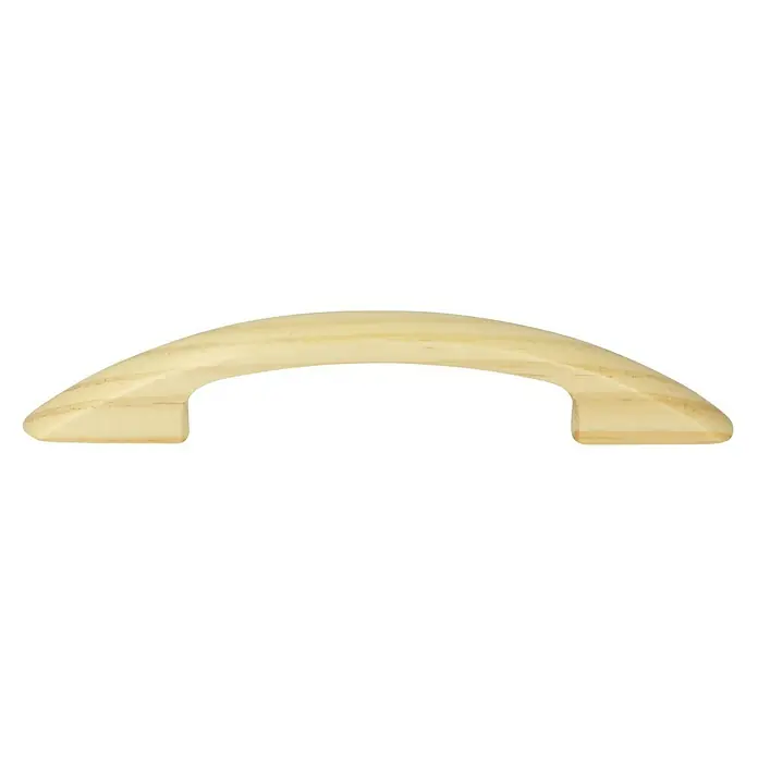 MöbelgriffTyp Möbelgriff: Bügel, Holz, Lackiert, B x L: 30 x 100 mm, Fichte - Nahaufnahme eines hellbraunen Holzschrankgriffs mit abgerundeten Kanten und einer glatten Oberfläche. Ideal für die Möbelrenovierung.
