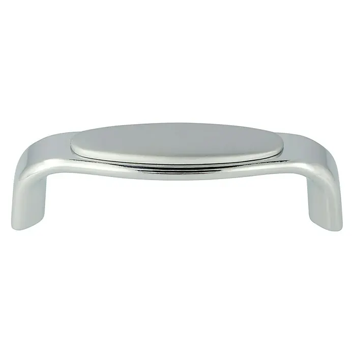 Häfele Tirador para muebles - Tipo de tirador del mueble: Estribo, Aluminio, Cromado, Ø x L: 71 x 22 mm - Primer plano de un tirador de mueble cromado con base redonda, que combina diseño elegante y funcionalidad.