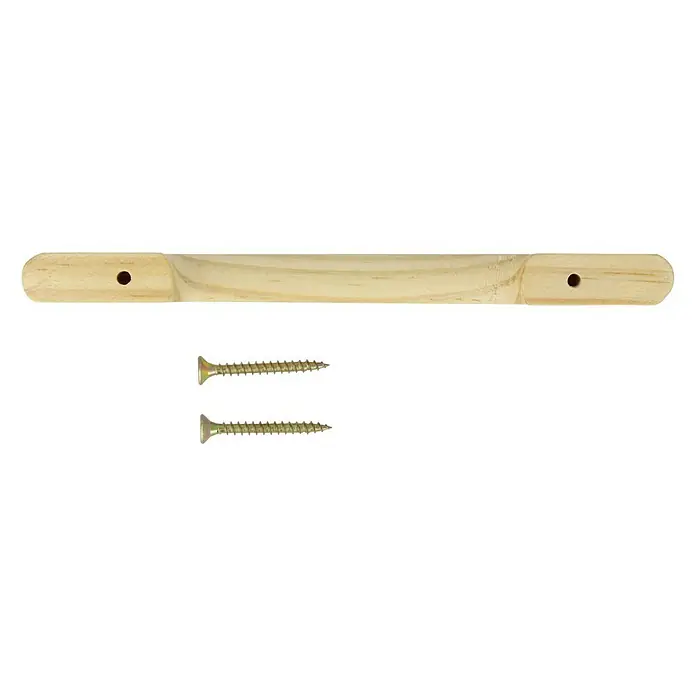 MöbelgriffTyp Möbelgriff: Bügel, Holz, Lackiert, B x L: 30 x 100 mm, Fichte - Helle Holzstange mit abgerundeten Enden und zwei goldenen Schrauben darunter, perfekt für Möbelreparaturen oder DIY-Projekte.