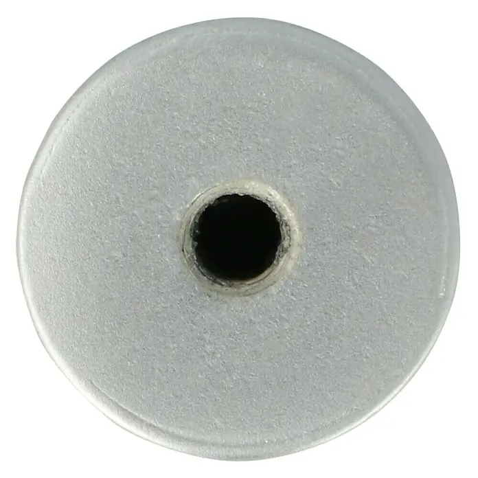Möbelknopf - Typ Möbelgriff: Knopf, Ø x H: 15 x 28 mm, Sonstige, Verchromt - Nahaufnahme einer grauen Metallscheibe mit einem Loch in der Mitte, ideal für technische Anwendungen und Projekte.