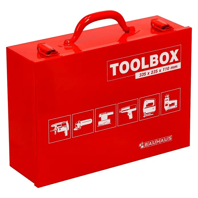 BAUHAUS Maschinenkoffer Toolbox - 33,5 x 23,5 x 11 cm, Geeignet für: Uni-Elektrowerkzeuge, Stahl - Roter Werkzeugkasten mit weißen Symbolen und dem "TOOLBOX"-Schriftzug. Ideal für die Aufbewahrung und den Transport von Werkzeugen.