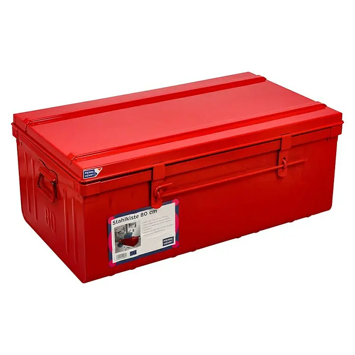 Aufbewahrungs- & Transportbox - L x B x H: 80 x 45 x 35 cm, Rot - Ein roter Pierre Henry Stahlkiste 80 cm Werkzeugkasten aus Metall, ideal zur Aufbewahrung von Werkzeugen und anderen Gegenständen.
