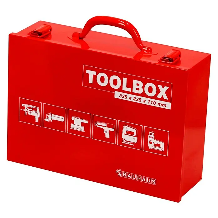 BAUHAUS Maschinenkoffer Toolbox - 33,5 x 23,5 x 11 cm, Geeignet für: Uni-Elektrowerkzeuge, Stahl - Roter Werkzeugkasten mit dem Aufdruck „TOOLBOX“, den Maßen 335 x 235 x 110 mm und Werkzeugabbildungen, ideal für die Werkzeugaufbewahrung.
