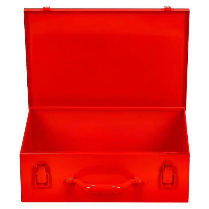 BAUHAUS Maschinenkoffer Toolbox - 33,5 x 23,5 x 11 cm, Geeignet für: Uni-Elektrowerkzeuge, Stahl - Rote, offene Werkzeugkiste aus Metall mit Tragegriff, ideal für die Aufbewahrung von Werkzeugen und Zubehör.