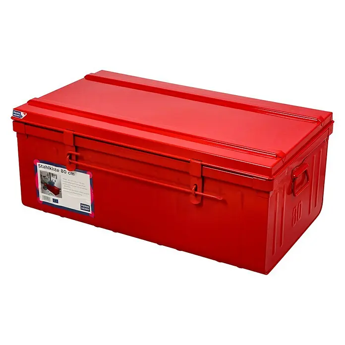 Aufbewahrungs- & Transportbox - L x B x H: 80 x 45 x 35 cm, Rot - Rote Stahlkiste mit den Maßen 80 cm, ideal für Werkzeuge. Robust und langlebig, perfekt für den professionellen Einsatz.