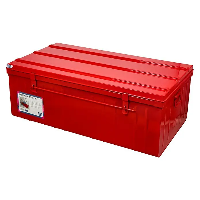 Aufbewahrungs- & Transportbox - L x B x H: 100 x 55 x 40 cm, Rot - Rote Stahlkiste mit Rillen auf dem Deckel, ideal zur Aufbewahrung von Werkzeugen und anderen Gegenständen, mit robusten Verschlüssen und Tragegriffen.