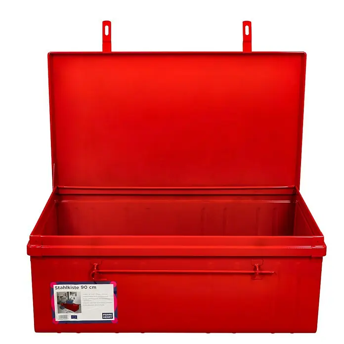 Aufbewahrungs- & Transportbox - L x B x H: 90 x 50 x 37 cm, Rot - Rote Werkzeugkiste aus Stahl mit offenem Deckel, ideal zur Aufbewahrung von Werkzeugen und Zubehör in der Werkstatt oder Garage.