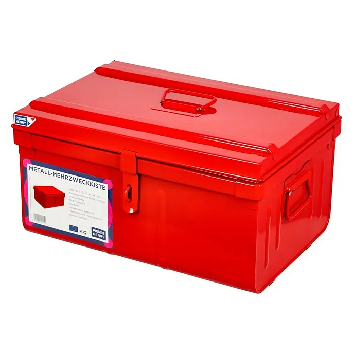 Aufbewahrungs- & Transportbox Motobox - 53 x 37 x 29 cm, Rot - Rote Pierre Henry Metall-Mehrzweckkiste, ideal für Werkstatt, Haus und Garten. Robuste Konstruktion mit praktischem Tragegriff für einfachen Transport.