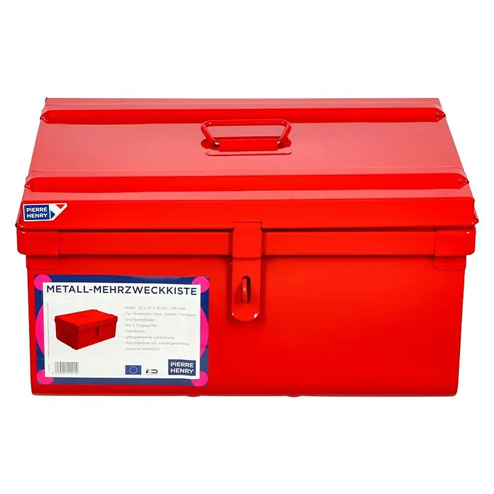 Aufbewahrungs- & Transportbox Motobox - 53 x 37 x 29 cm, Rot - Rote Pierre Henry Metall-Mehrzweckkiste, ideal für Werkstatt, Haus oder Garten. Robust, abschließbar und mit Tragegriffen für einfachen Transport.