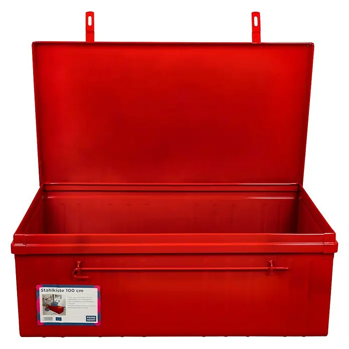 Aufbewahrungs- & Transportbox - L x B x H: 100 x 55 x 40 cm, Rot - Rote Stahlkiste mit offenem Deckel. Die Stahlkiste bietet viel Stauraum und ist ideal für Werkzeug und andere Gegenstände.