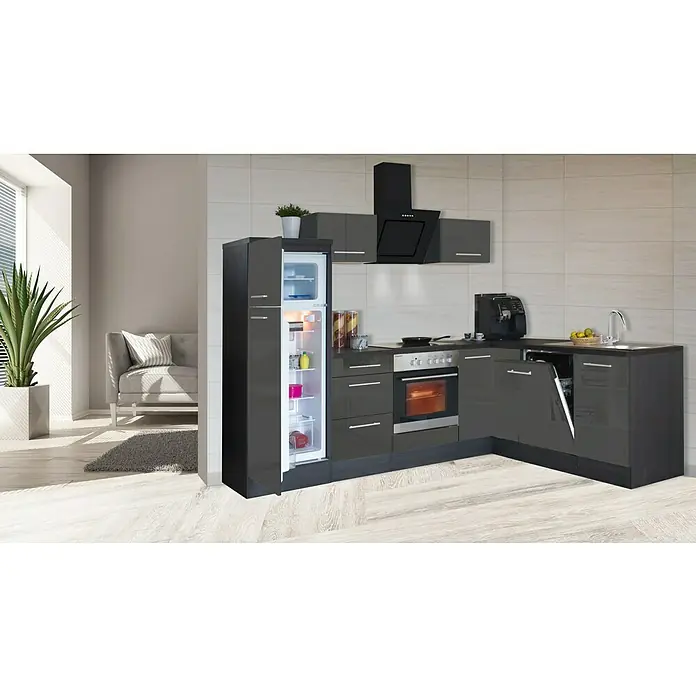 Respekta Premium Winkelküche RP260EGCBO - B x T: 260 x 60 cm, Grau, Mit Elektrogeräten - Moderne Küche in dunklem Grau mit Kühlschrank, Backofen, Dunstabzugshaube und Spülmaschine für ein stilvolles Kocherlebnis.