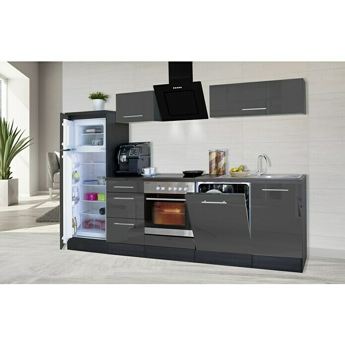 Respekta Premium Composición de cocina (Ancho: 280 cm, Con dispositivos eléctricos, Gris de alto brillo)