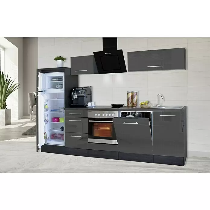 Respekta Premium Composición de cocina Amanda Alto - Ancho: 280 cm, Roble/Gris, Con electrodomésticos - Cocina compacta moderna: armarios gris oscuro brillante, integrada con horno, vitro, fregadero, lavavajillas y nevera abierta.