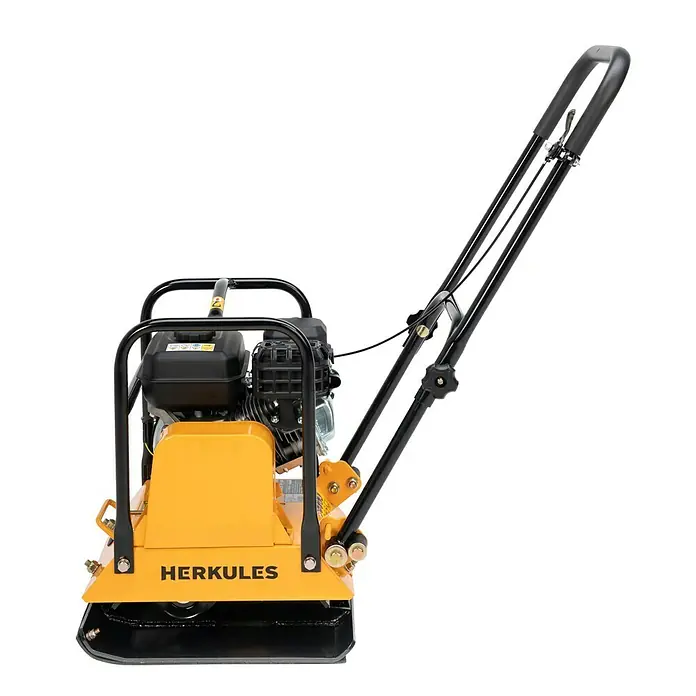 Herkules Rüttelplatte RP1200 - 4,1 kW, Verdichtungsdruck: 1.500 kg - Gelbe HERKULES Vibrationsplatte mit schwarzem Griff und Motor für Verdichtungsarbeiten auf Baustellen.