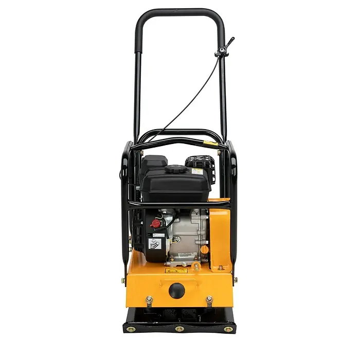 Herkules Rüttelplatte RP1200 - 4,1 kW, Verdichtungsdruck: 1.500 kg - Ein gelber Stampfer, ein Werkzeug zum Verdichten von Boden und Asphalt, mit einem robusten schwarzen Rahmen für Stabilität bei Bauprojekten.