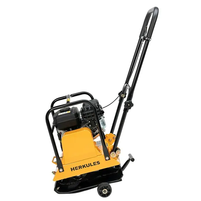 Herkules Rüttelplatte RP1200 - 4,1 kW, Verdichtungsdruck: 1.500 kg - Das Bild zeigt einen gelben Herkules Vibrationsstampfer, ein Baugerät zur Bodenverdichtung. Er ist mit einem schwarzen Rahmen und Griff ausgestattet.