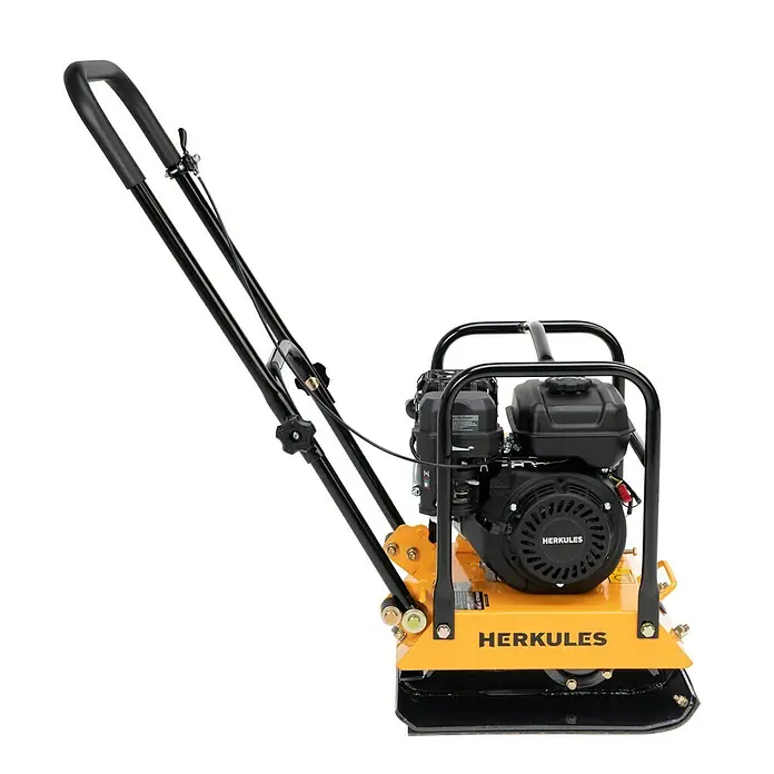 Herkules Rüttelplatte RP1200 - 4,1 kW, Verdichtungsdruck: 1.500 kg - Das Bild zeigt eine gelb-schwarze Herkules Vibrationsplatte mit einem Griff zur einfachen Bedienung. Ideal für Verdichtungsarbeiten im Garten und auf Baustellen.