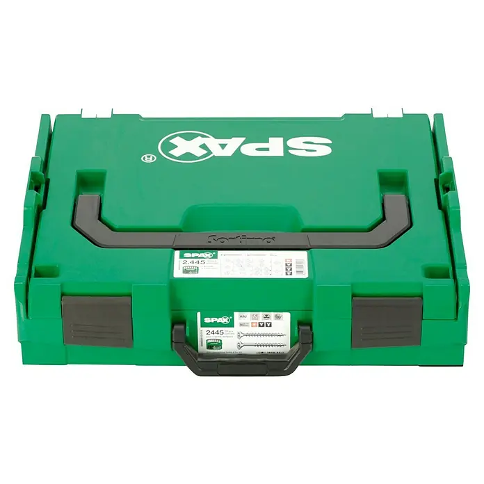 Spax Kit de tornillos L-Boxx - 2.447 pzs. - Caja de surtido verde de SPAX con logo e info del producto en la tapa, ideal para artesanos y aficionados al bricolaje.