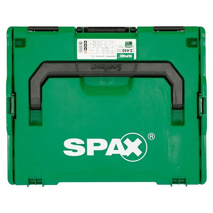 Spax Kit de tornillos L-Boxx - 2.447 pzs. - Caja de almacenamiento Spax verde con asa negra y logo Spax blanco. Ideal para guardar tornillos y herramientas.