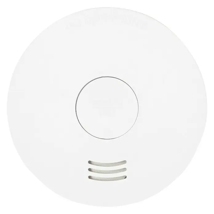 Rauchwarnmelder VdS - Durchmesser: 10 cm, Batterielaufzeit: 10 Jahre, Alarmsignal: 85 dB - Weiße Rauchmelder zur Früherkennung von Bränden, ausgestattet mit einem Testknopf und Belüftungsöffnungen für eine schnelle Reaktion.