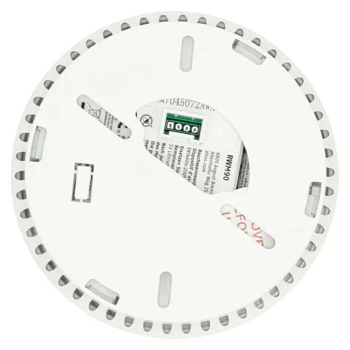 Abus Rauchwarnmelder RWM 90 - Alarmsignal: 85 dB, 1 Stk., Höhe: 36 mm - Nahaufnahme eines ABUS RWM90 Rauchmelders, der Details wie Modellnummer und Zertifizierungen zeigt.