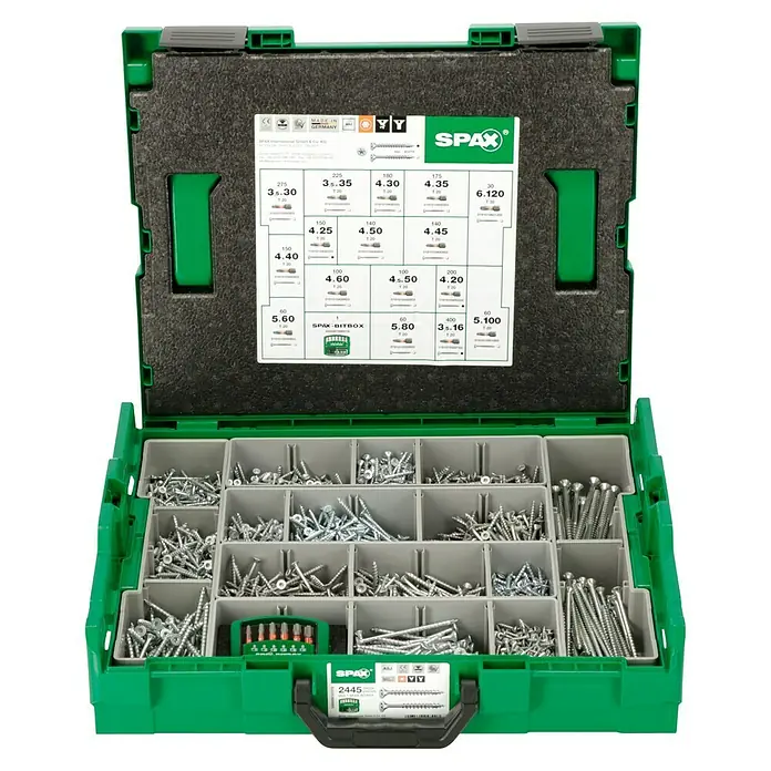 Spax Kit de tornillos L-Boxx - 2.447 pzs. - Maletín Spax verde abierto con diferentes tornillos y brocas, ordenados por tamaño y tipo.