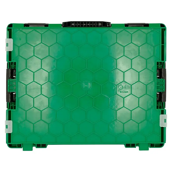 Spax Kit de tornillos L-Boxx - 2.447 pzs. - Caja de plástico verde con patrón hexagonal y asas para almacenamiento y transporte.