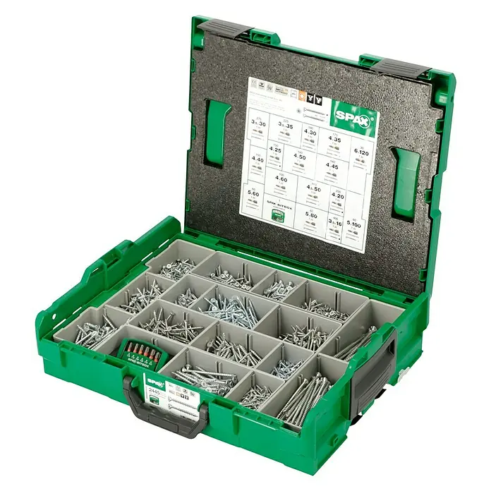 Spax Kit de tornillos L-Boxx - 2.447 pzs. - Caja surtida de tornillos Spax verde con varios tornillos de diferentes tamaños, bien ordenada y bien equipada para varios proyectos.