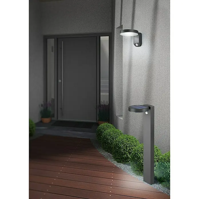 Reality Leuchten Solar-Außenwandleuchte POSADAS - 5 W, L x B x H: 18,3 x 15 x 12 cm, IP44, 290 lm - Moderne Außenleuchten: Eine runde Wandleuchte und eine Solarleuchte beleuchten stilvoll den Eingangsbereich.