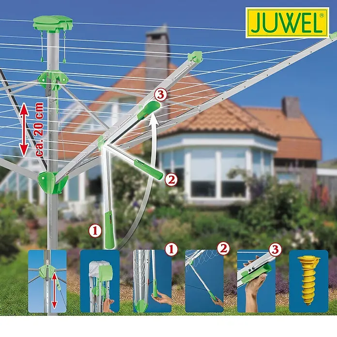 Juwel Wäschespinne Novaplus 600 Lift - Länge Wäscheleine: 51 m, Geeignet für Anzahl Waschmaschinenfüllungen: 5 Stk. - 6 Stk. - Wäschespinne mit den Details zur Benutzung.
