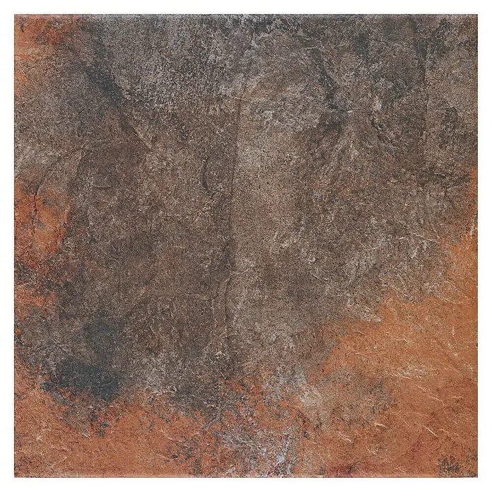 Pavimento porcelánico Vulcan - 60,8 x 60,8 cm, Magma, Mate - Primer plano de una baldosa cerámica en tonos marrones y óxido, ideal para suelos o revestimientos.