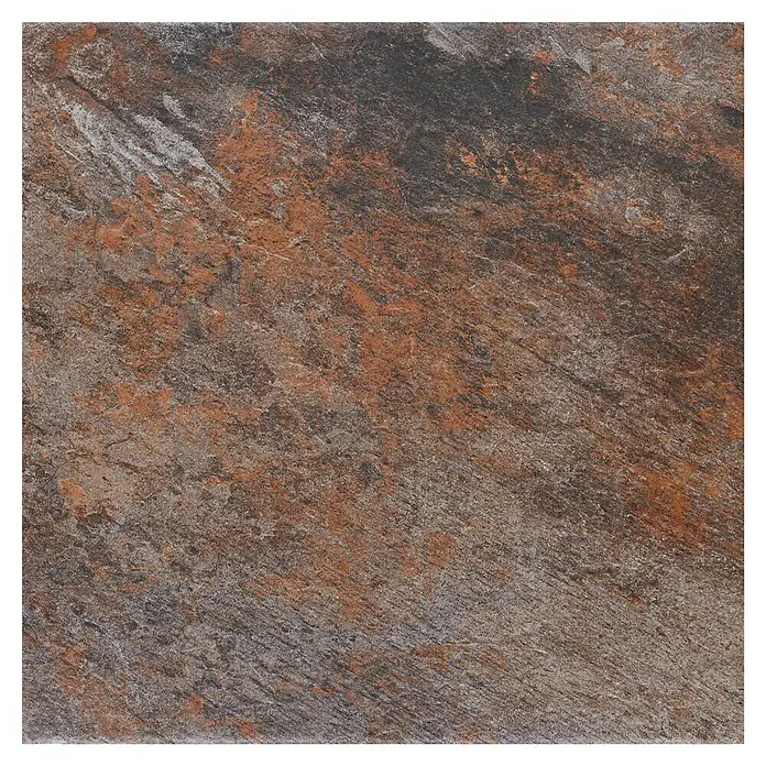 Pavimento porcelánico Vulcan - 60,8 x 60,8 cm, Magma, Mate - Una baldosa de suelo rústica con una mezcla de tonos marrones, grises y óxido, ideal para un interior de aspecto natural.