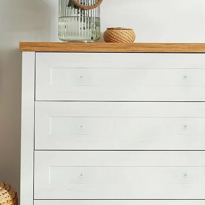Häfele Pomo para muebles - Tipo de tirador del mueble: Botón, Vidrio, Largo: 25 mm - Cómoda blanca con tres cajones, una tapa de madera natural y pomos decorativos tipo cristal.