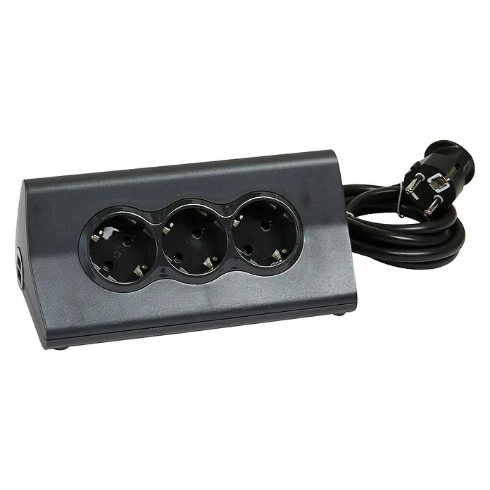 Legrand Base de enchufe múltiple Momo - Negro, Longitud del cable: 1,5 m - Una regleta triple con un cable negro grueso y enchufe, ideal para usar en el hogar o la oficina.