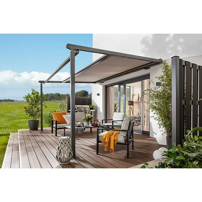 Sunfun Pergolamarkise - Breite: 4 m, Ausfall: 3 m - Eine stilvolle Terrassenüberdachung mit Möbeln, die einen gemütlichen Außenbereich für entspannte Stunden im Freien schafft.
